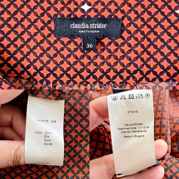 CLAUDIA STRATER Silk Tunic Argyle Diamond Red Blue Long Sleeves V-Neck EU 36 EUC - Picture 8 of 9